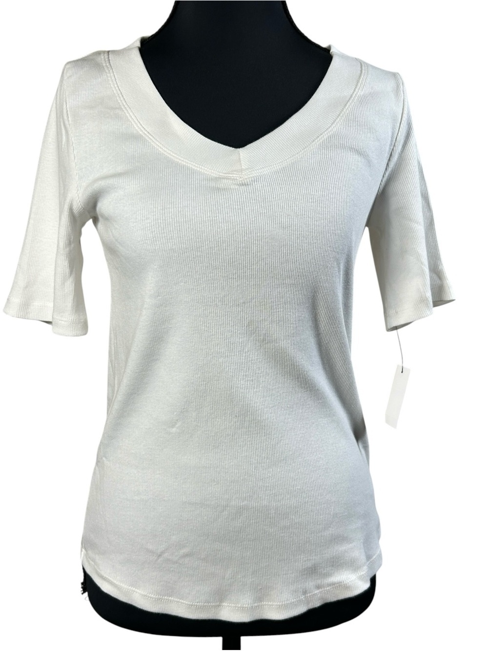 Talbots Petite Cream Off-White Ribbed V-Neck Short Sleeve Tee SP (NWT)